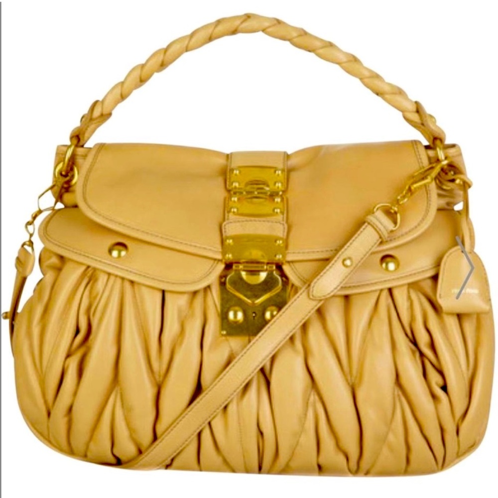 (SOLD on eBay!) Miu Miu Matelasse HandBag Tote Beige Leather Gold Tone Accents
